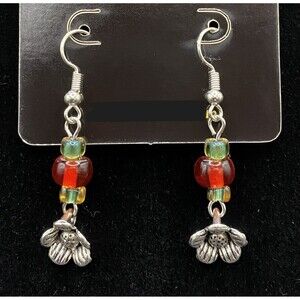 Handmade Flower & Red & Yellow with Green Glass Bead Earrings by Neanie-Bot